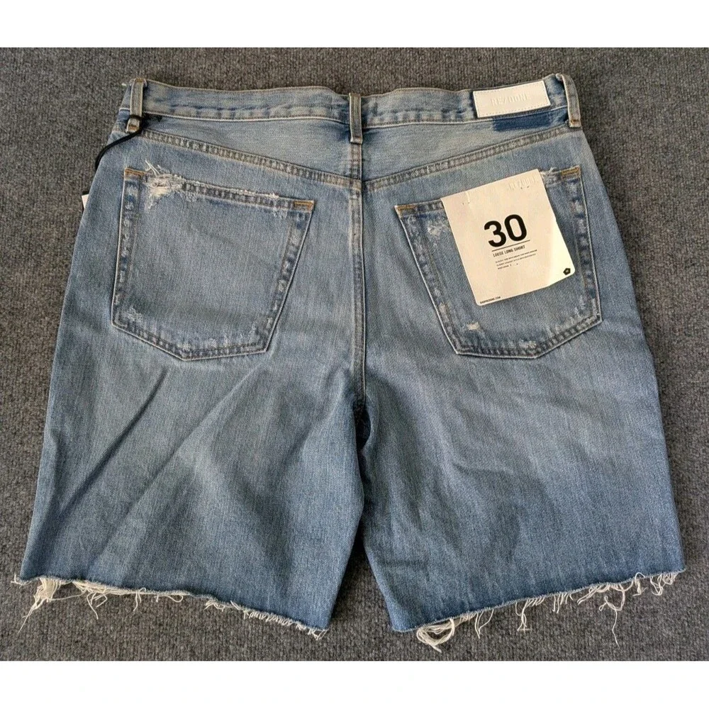 RE/DONE Loose Long Short Minerva Destroy Distress High Rise Denim Shorts 30 NWT